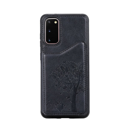 For Galaxy S20 Cat Tree Embossing Pattern Shockproof Protective Case with Card Slots & Photo Frame(Black)-garmade.com