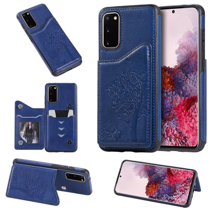 For Galaxy S20 Cat Tree Embossing Pattern Shockproof Protective Case with Card Slots & Photo Frame(Blue)-garmade.com