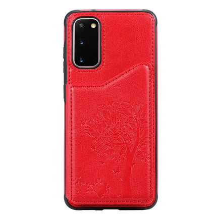 For Galaxy S20 Cat Tree Embossing Pattern Shockproof Protective Case with Card Slots & Photo Frame(Red)-garmade.com