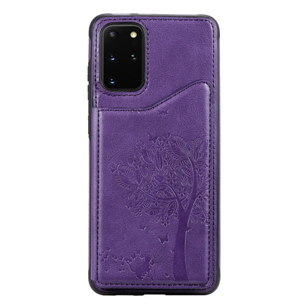 For Galaxy S20 Plus Cat Tree Embossing Pattern Shockproof Protective Case with Card Slots & Photo Frame(Purple)-garmade.com
