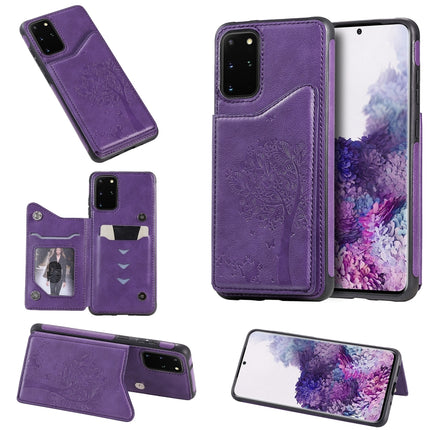 For Galaxy S20 Plus Cat Tree Embossing Pattern Shockproof Protective Case with Card Slots & Photo Frame(Purple)-garmade.com