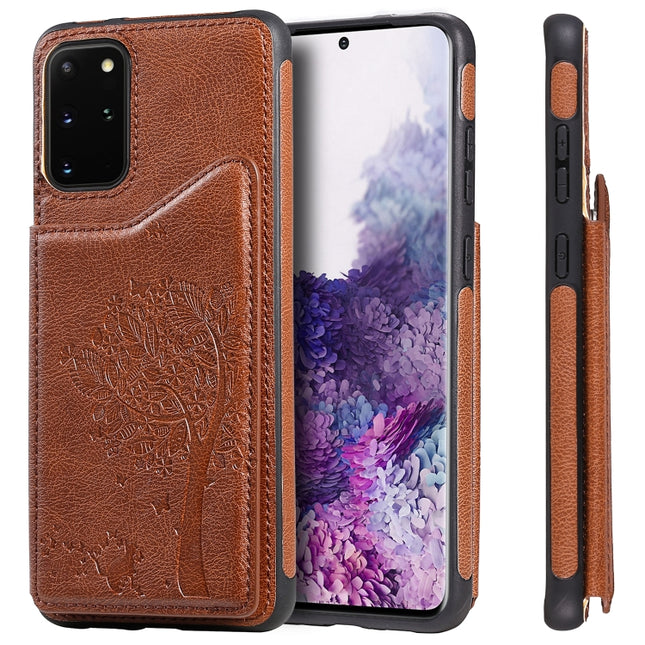 For Galaxy S20 Plus Cat Tree Embossing Pattern Shockproof Protective Case with Card Slots & Photo Frame(Brown)-garmade.com