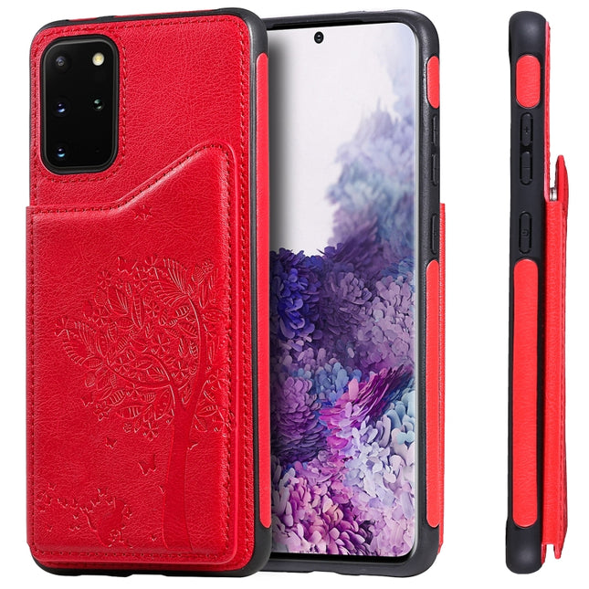 For Galaxy S20 Plus Cat Tree Embossing Pattern Shockproof Protective Case with Card Slots & Photo Frame(Red)-garmade.com