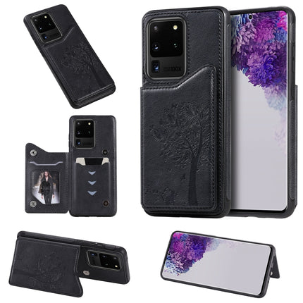 For Galaxy S20 Ultra Cat Tree Embossing Pattern Shockproof Protective Case with Card Slots & Photo Frame(Black)-garmade.com