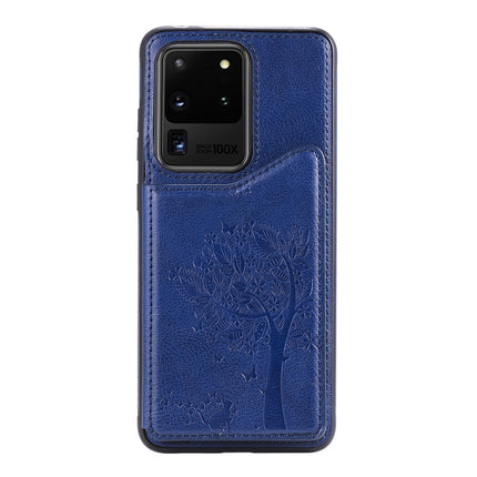 For Galaxy S20 Ultra Cat Tree Embossing Pattern Shockproof Protective Case with Card Slots & Photo Frame(Blue)-garmade.com