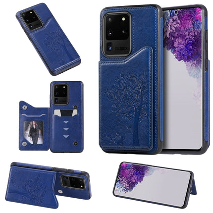 For Galaxy S20 Ultra Cat Tree Embossing Pattern Shockproof Protective Case with Card Slots & Photo Frame(Blue)-garmade.com