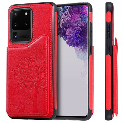 For Galaxy S20 Ultra Cat Tree Embossing Pattern Shockproof Protective Case with Card Slots & Photo Frame(Red)-garmade.com
