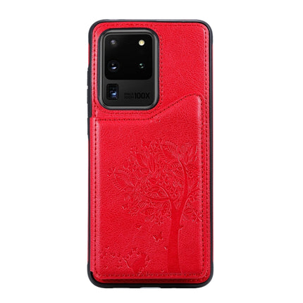 For Galaxy S20 Ultra Cat Tree Embossing Pattern Shockproof Protective Case with Card Slots & Photo Frame(Red)-garmade.com