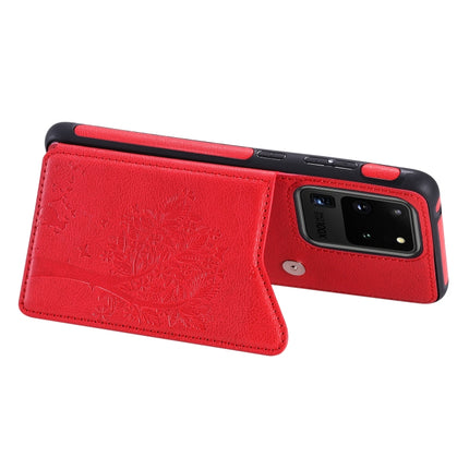 For Galaxy S20 Ultra Cat Tree Embossing Pattern Shockproof Protective Case with Card Slots & Photo Frame(Red)-garmade.com