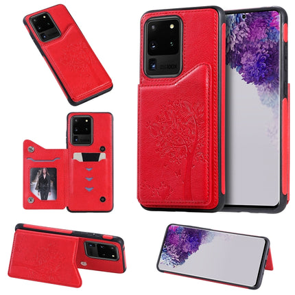 For Galaxy S20 Ultra Cat Tree Embossing Pattern Shockproof Protective Case with Card Slots & Photo Frame(Red)-garmade.com