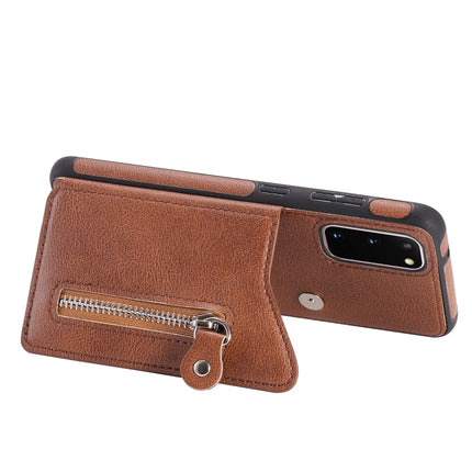 For Galaxy S20 Solid Color Double Buckle Zipper Shockproof Protective Case(Brown)-garmade.com