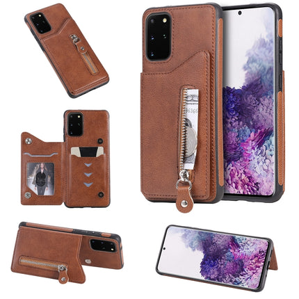 For Galaxy S20 Plus Solid Color Double Buckle Zipper Shockproof Protective Case(Brown)-garmade.com