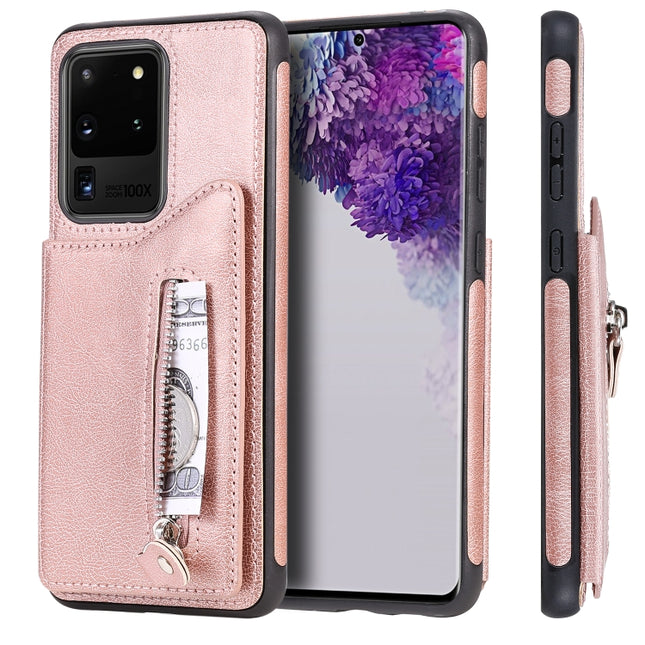 For Galaxy S20 Ultra Solid Color Double Buckle Zipper Shockproof Protective Case(Rose Gold)-garmade.com