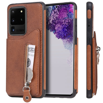 For Galaxy S20 Ultra Solid Color Double Buckle Zipper Shockproof Protective Case(Brown)-garmade.com