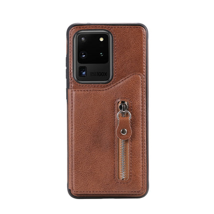 For Galaxy S20 Ultra Solid Color Double Buckle Zipper Shockproof Protective Case(Brown)-garmade.com