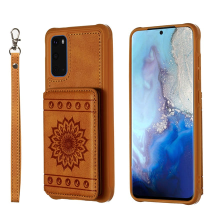 For Galaxy S20 Sun Flower Pattern Embossed Horizontal Drop-proof Mobile Phone Case with Card Slots & Wallet & Photo Holder & Stand Function(Brown)-garmade.com