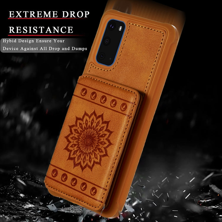 For Galaxy S20 Sun Flower Pattern Embossed Horizontal Drop-proof Mobile Phone Case with Card Slots & Wallet & Photo Holder & Stand Function(Coffee)-garmade.com