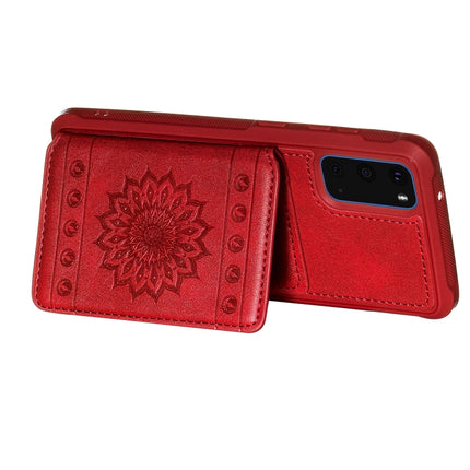 For Galaxy S20 Sun Flower Pattern Embossed Horizontal Drop-proof Mobile Phone Case with Card Slots & Wallet & Photo Holder & Stand Function(Red)-garmade.com