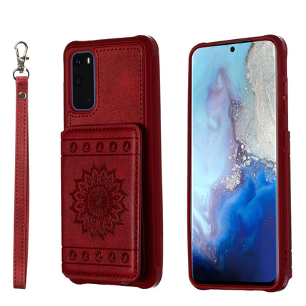 For Galaxy S20 Sun Flower Pattern Embossed Horizontal Drop-proof Mobile Phone Case with Card Slots & Wallet & Photo Holder & Stand Function(Red)-garmade.com