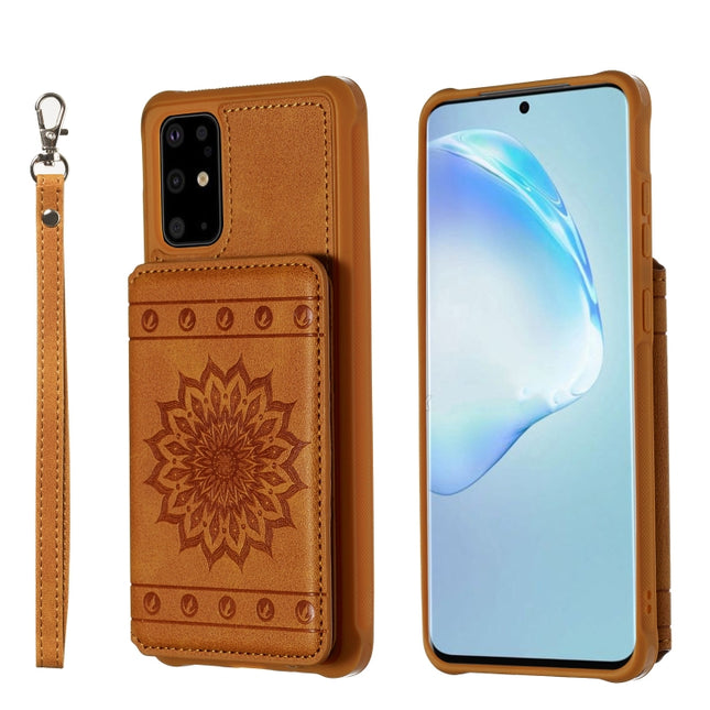 For Galaxy S20+ Sun Flower Pattern Embossed Horizontal Drop-proof Mobile Phone Case with Card Slots & Wallet & Photo Holder & Stand Function(Brown)-garmade.com