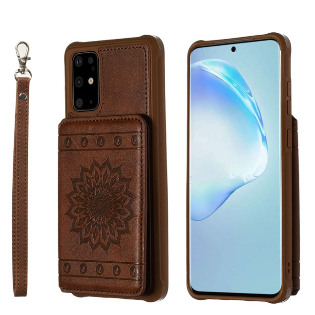 For Galaxy S20+ Sun Flower Pattern Embossed Horizontal Drop-proof Mobile Phone Case with Card Slots & Wallet & Photo Holder & Stand Function(Coffee)-garmade.com