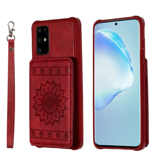 For Galaxy S20+ Sun Flower Pattern Embossed Horizontal Drop-proof Mobile Phone Case with Card Slots & Wallet & Photo Holder & Stand Function(Red)-garmade.com