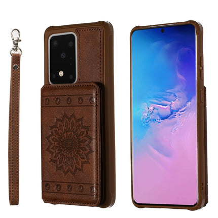 For Galaxy S20 Ultra Sun Flower Pattern Embossed Horizontal Drop-proof Mobile Phone Case with Card Slots & Wallet & Photo Holder & Stand Function(Coffee)-garmade.com