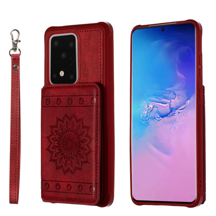 For Galaxy S20 Ultra Sun Flower Pattern Embossed Horizontal Drop-proof Mobile Phone Case with Card Slots & Wallet & Photo Holder & Stand Function(Red)-garmade.com