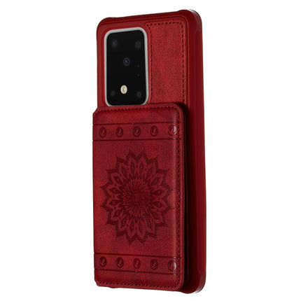 For Galaxy S20 Ultra Sun Flower Pattern Embossed Horizontal Drop-proof Mobile Phone Case with Card Slots & Wallet & Photo Holder & Stand Function(Red)-garmade.com