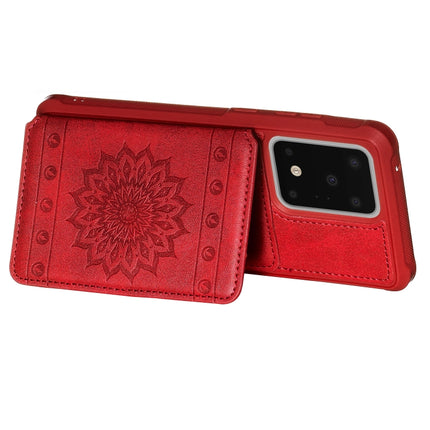For Galaxy S20 Ultra Sun Flower Pattern Embossed Horizontal Drop-proof Mobile Phone Case with Card Slots & Wallet & Photo Holder & Stand Function(Red)-garmade.com