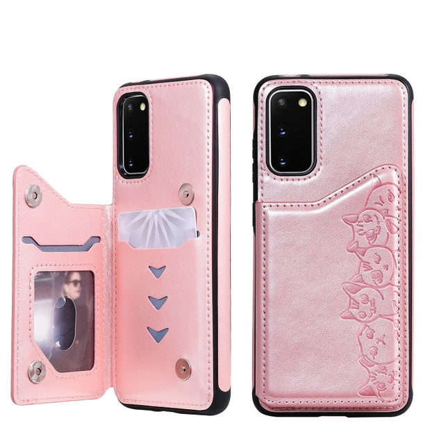 For Galaxy S20 Six Cats Embossing Pattern Shockproof Protective Case with Card Slots & Photo Frame(Pink)-garmade.com