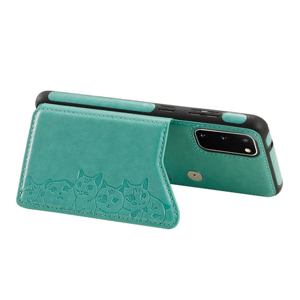 For Galaxy S20 Six Cats Embossing Pattern Shockproof Protective Case with Card Slots & Photo Frame(Green)-garmade.com