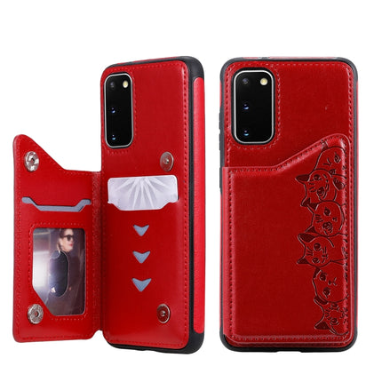 For Galaxy S20 Six Cats Embossing Pattern Shockproof Protective Case with Card Slots & Photo Frame(Red)-garmade.com