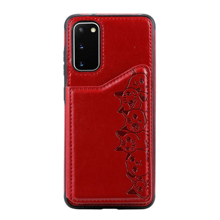 For Galaxy S20 Six Cats Embossing Pattern Shockproof Protective Case with Card Slots & Photo Frame(Red)-garmade.com