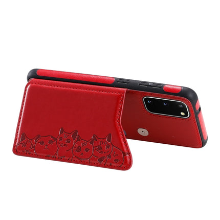 For Galaxy S20 Six Cats Embossing Pattern Shockproof Protective Case with Card Slots & Photo Frame(Red)-garmade.com