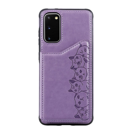 For Galaxy S20 Six Cats Embossing Pattern Shockproof Protective Case with Card Slots & Photo Frame(Purple)-garmade.com