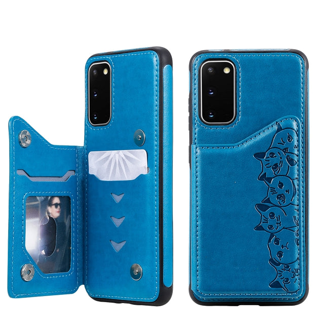 For Galaxy S20 Six Cats Embossing Pattern Shockproof Protective Case with Card Slots & Photo Frame(Blue)-garmade.com