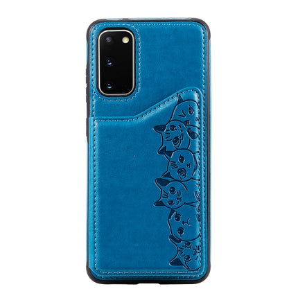 For Galaxy S20 Six Cats Embossing Pattern Shockproof Protective Case with Card Slots & Photo Frame(Blue)-garmade.com
