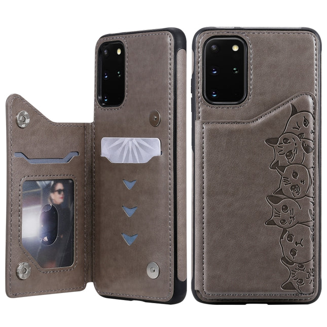 For Galaxy S20 Plus Six Cats Embossing Pattern Shockproof Protective Case with Card Slots & Photo Frame(Grey)-garmade.com