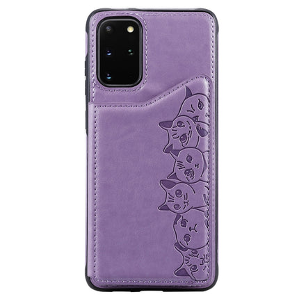 For Galaxy S20 Plus Six Cats Embossing Pattern Shockproof Protective Case with Card Slots & Photo Frame(Purple)-garmade.com