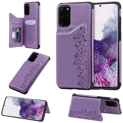 For Galaxy S20 Plus Six Cats Embossing Pattern Shockproof Protective Case with Card Slots & Photo Frame(Purple)-garmade.com