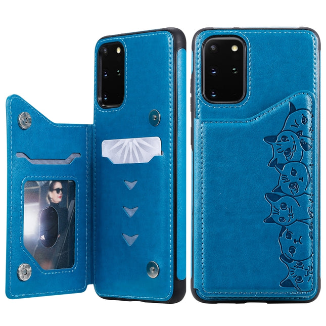For Galaxy S20 Plus Six Cats Embossing Pattern Shockproof Protective Case with Card Slots & Photo Frame(Blue)-garmade.com