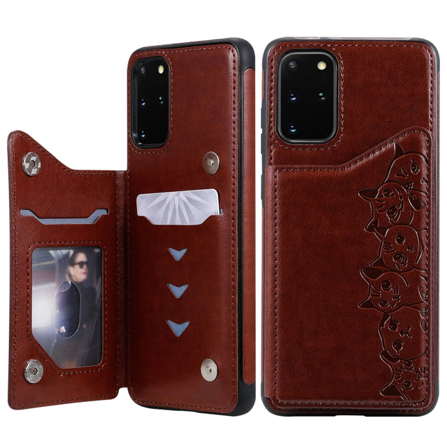 For Galaxy S20 Plus Six Cats Embossing Pattern Shockproof Protective Case with Card Slots & Photo Frame(Brown)-garmade.com