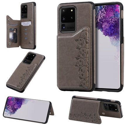 For Galaxy S20 Ultra Six Cats Embossing Pattern Shockproof Protective Case with Card Slots & Photo Frame(Grey)-garmade.com