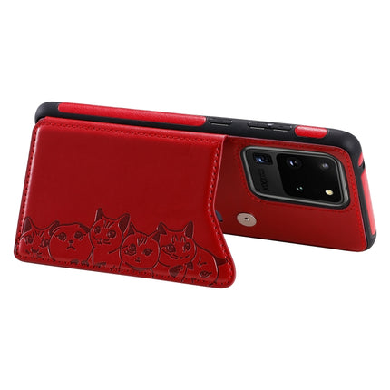 For Galaxy S20 Ultra Six Cats Embossing Pattern Shockproof Protective Case with Card Slots & Photo Frame(Red)-garmade.com