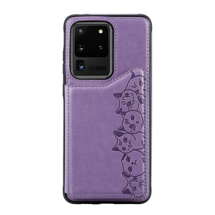 For Galaxy S20 Ultra Six Cats Embossing Pattern Shockproof Protective Case with Card Slots & Photo Frame(Purple)-garmade.com