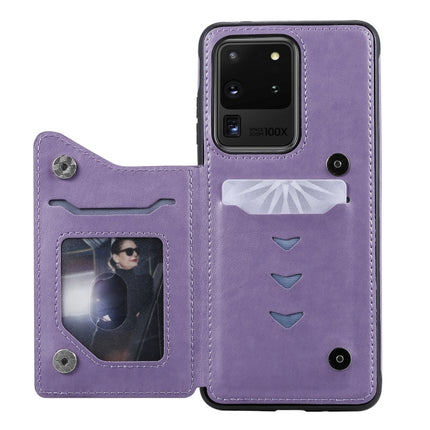 For Galaxy S20 Ultra Six Cats Embossing Pattern Shockproof Protective Case with Card Slots & Photo Frame(Purple)-garmade.com