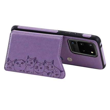 For Galaxy S20 Ultra Six Cats Embossing Pattern Shockproof Protective Case with Card Slots & Photo Frame(Purple)-garmade.com