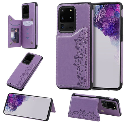 For Galaxy S20 Ultra Six Cats Embossing Pattern Shockproof Protective Case with Card Slots & Photo Frame(Purple)-garmade.com