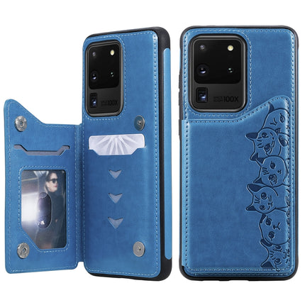 For Galaxy S20 Ultra Six Cats Embossing Pattern Shockproof Protective Case with Card Slots & Photo Frame(Blue)-garmade.com